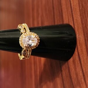Gold CZ Oval Halo Ring Set